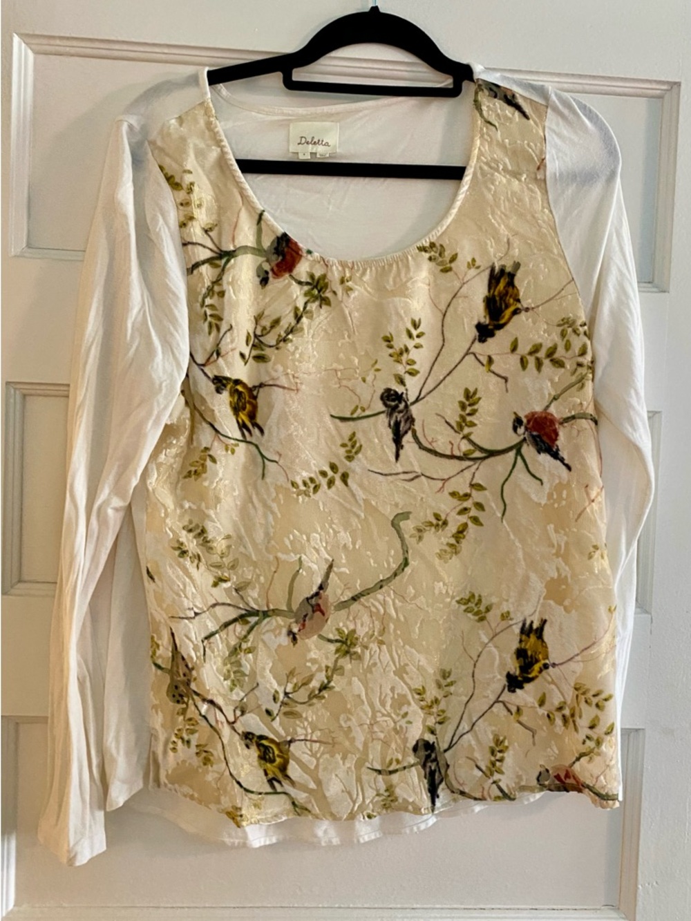 Anthropologie Cream Floral Bird Print Long Sleeve Top